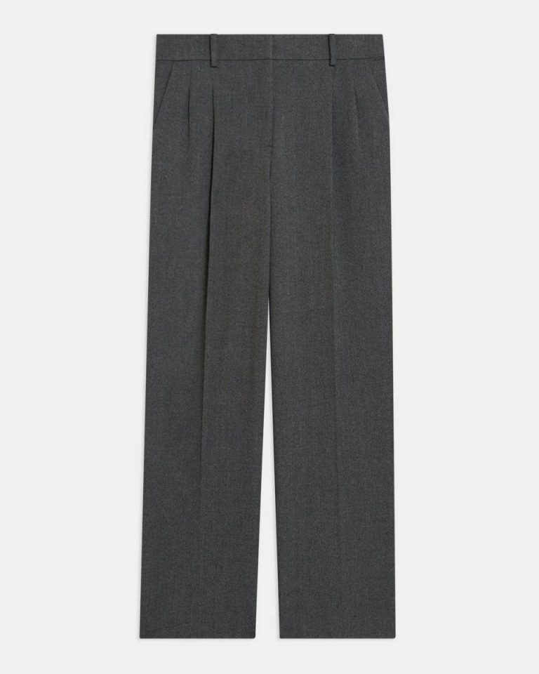 Women Theory Pleated Wide-Leg Pant In Soft Twill Light Charcoal Pants - 5