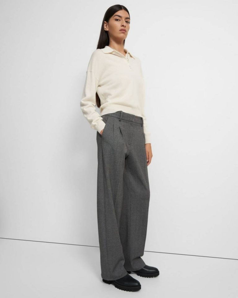 Women Theory Pleated Wide-Leg Pant In Soft Twill Light Charcoal Pants - 1