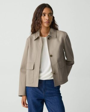 Women Theory Soft Taupe Blazers + Jackets Boxy Jacket In Cotton Gabardine - 1