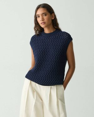 Women Theory Sweater Vest In Rounded Cotton Navy Sweaters + Cardigans - 1