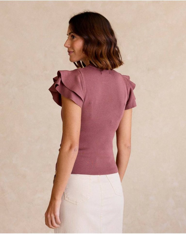 Women Top Ruffle Knitted Mauve T-Shirts And Tops Polín Et Moi Mallow - 4