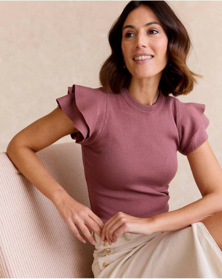 Women Top Ruffle Knitted Mauve T-Shirts And Tops Polín Et Moi Mallow - 1
