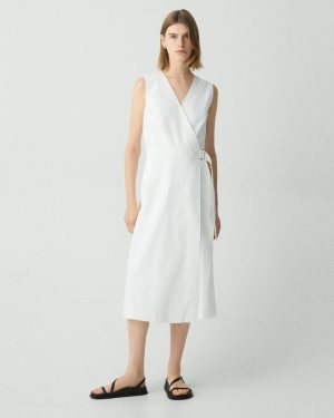 Women White Dresses Sleeveless A-Line Wrap Dress In Good Linen Theory - 1