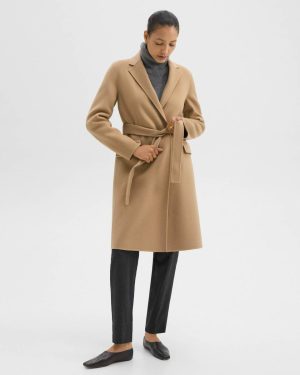Wrap Coat In Double-Face Wool-Cashmere Outerwear Theory Women New Camel - 1