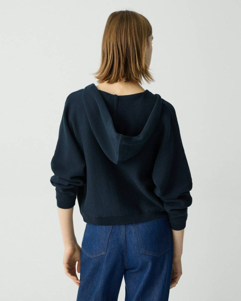 Zip-Up Hoodie In Rounded Cotton Theory Women Navy Sweaters + Cardigans - 3