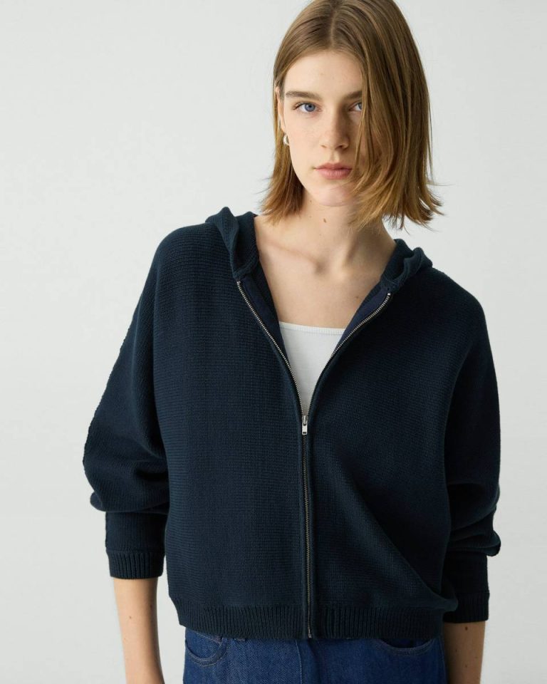 Zip-Up Hoodie In Rounded Cotton Theory Women Navy Sweaters + Cardigans - 4