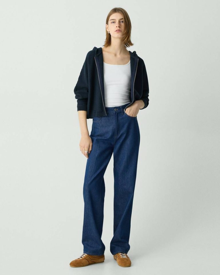 Zip-Up Hoodie In Rounded Cotton Theory Women Navy Sweaters + Cardigans - 5