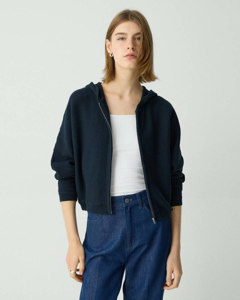 Zip-Up Hoodie In Rounded Cotton Theory Women Navy Sweaters + Cardigans - 1