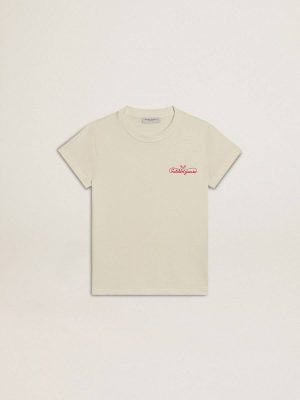 Aged White Golden Goose Girls' Cotton T-Shirt In Worn White With Red Embroidery On The Chest Kids Topwear Selection (4-12 Years) - 1