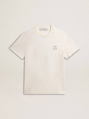 Aged White Men Golden Goose T-Shirts & Polo Shirts Men's Cotton T-Shirt In Aged White With Print On The Heart - 1