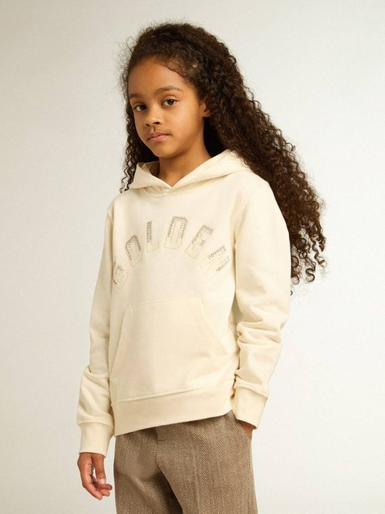 Aged White Topwear Selection (4-12 Years) Golden Goose Kids Hooded Sweatshirt In Aged White With Patches - 2