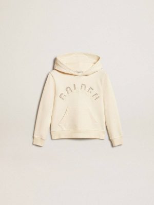 Aged White Topwear Selection (4-12 Years) Golden Goose Kids Hooded Sweatshirt In Aged White With Patches - 1