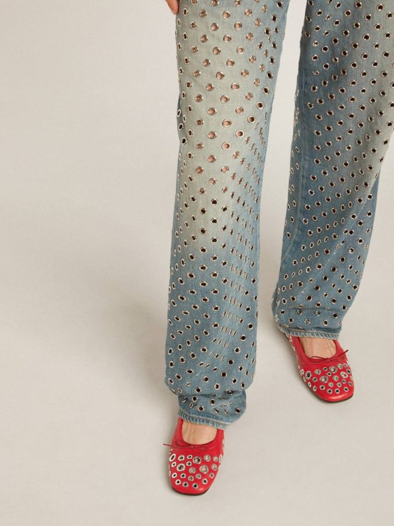Amy Ballet Flats In Red Nappa Leather With Silver Colored Studs Women Loafers & Ballerinas Golden Goose - 3