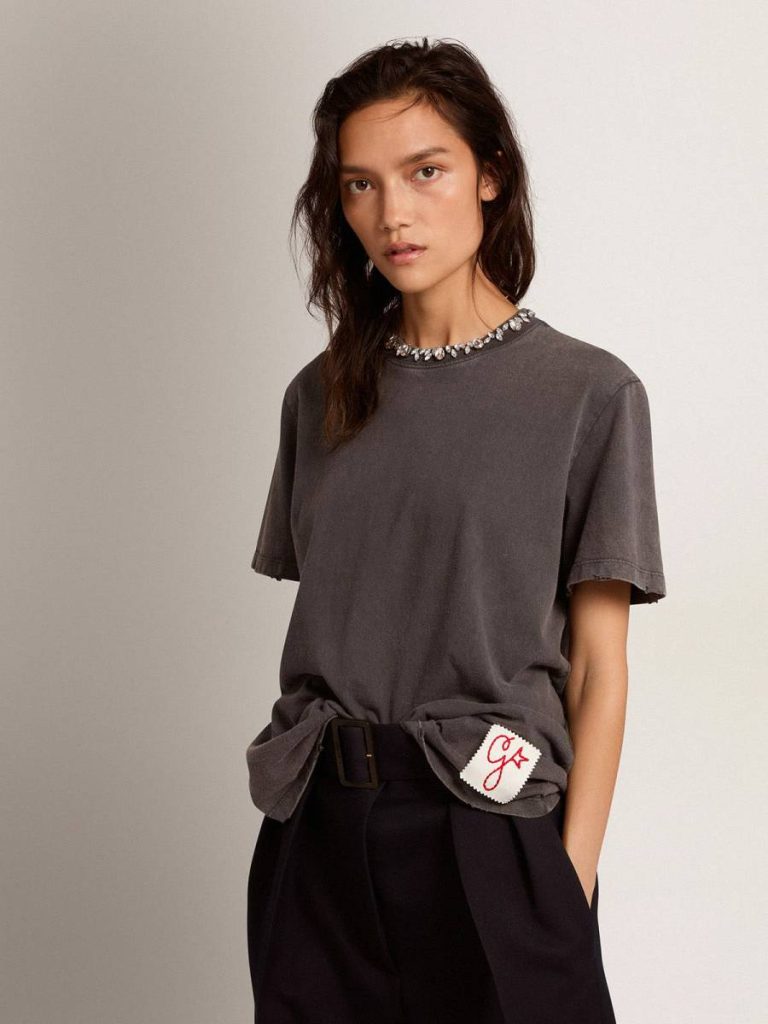 Anthracite Gray Women T-Shirts & Tops Golden Goose Women's Anthracite Gray T-Shirt With Crystals - 2