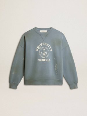 Baby Blue Women Golden Goose Oversized Sweatshirt In Baby Blue With Distressed Finish Sweatshirts - 1