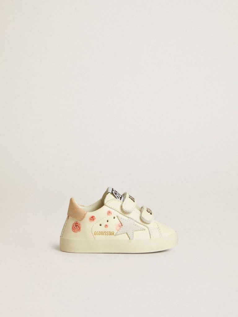 Baby School In Nappa Leather With Pink Rose Motif And White Suede Star Kids Newborns Golden Goose - 1