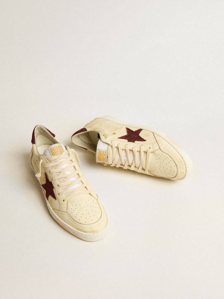 Ball Star Golden Goose Men's Ball Star In Beige Nappa With Burgundy Mesh Star And Heel Tab Men - 2