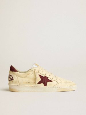 Ball Star Golden Goose Men's Ball Star In Beige Nappa With Burgundy Mesh Star And Heel Tab Men - 1