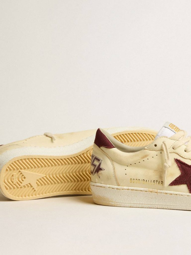 Ball Star Golden Goose Men's Ball Star In Beige Nappa With Burgundy Mesh Star And Heel Tab Men - 4