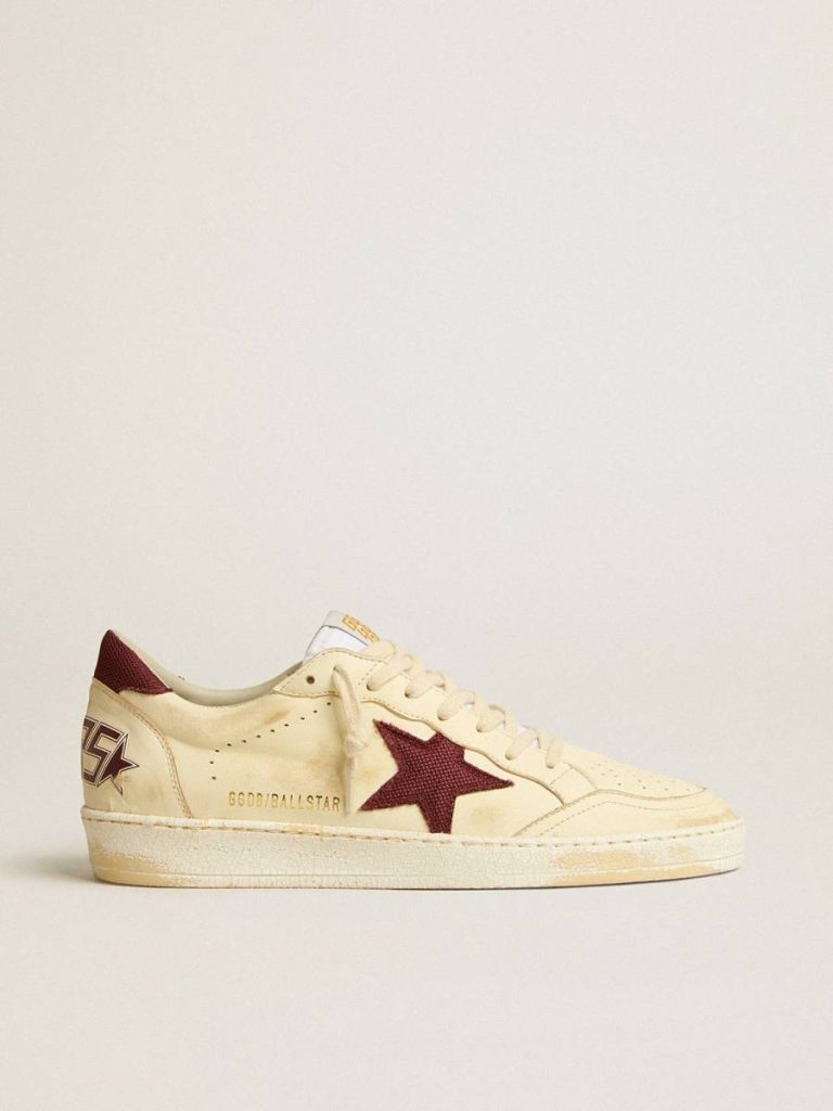 Ball Star Golden Goose Men's Ball Star In Beige Nappa With Burgundy Mesh Star And Heel Tab Men - 1