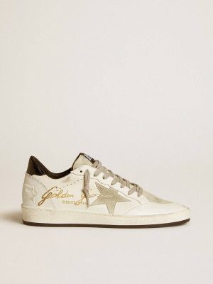 Ball Star White Women’s Ball Star Ltd With Suede Star And Textured Leather Heel Tab Golden Goose Women - 1