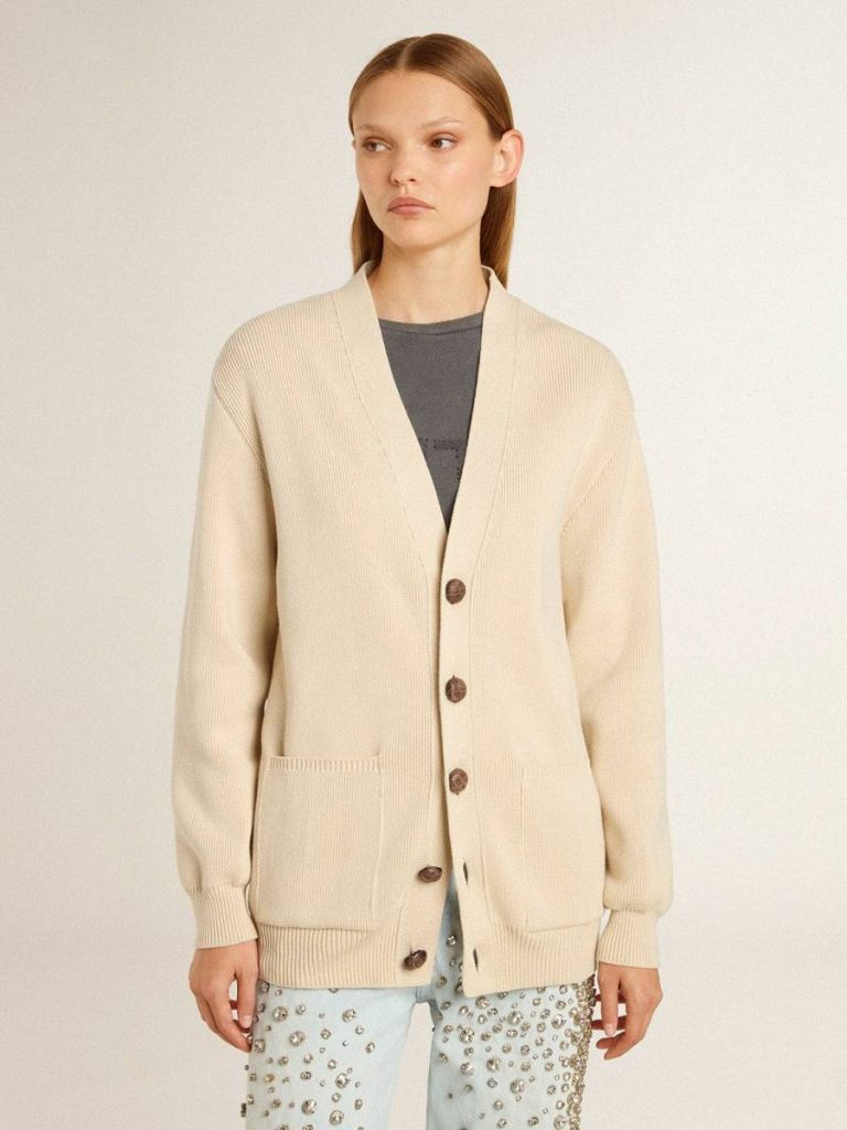 Beige Golden Goose Women Women’s Beige Cardigan With 'Golden' Lettering On The Back Knitwear - 2