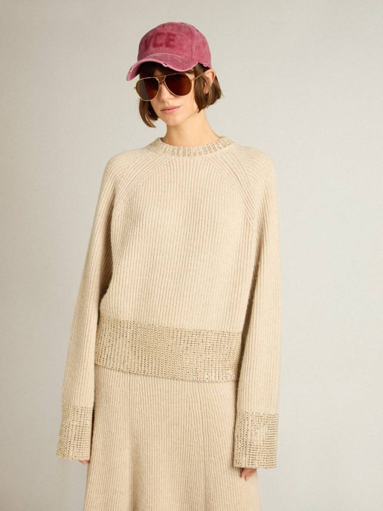 Beige Knitwear Golden Goose Women's Boxy Sweater In Wool With Hotfix Crystal Decoration Women - 3