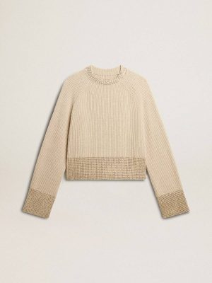 Beige Knitwear Golden Goose Women's Boxy Sweater In Wool With Hotfix Crystal Decoration Women - 1