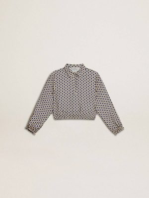 Beige With Blue Diamonds And Black Details Kids Girls' Polo Shirt With Geometric Print Golden Goose Topwear Selection (4-12 Years) - 1