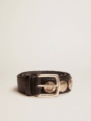 Belts Women's Black Trinidad Belt In Washed Leather With Silver Studs Black Women Golden Goose - 1