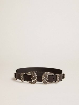 Black Belt In Washed Leather With Silver-Colored Double Buckle Black Belts Women Golden Goose - 1