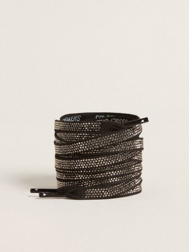 Black Cotton Laces With Silver Swarovski Crystals And White Logo Black Golden Goose Laces Women - 1