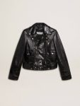 Black Golden Goose Women’s Black Leather Biker Jacket With Glossy Effect Women Coats & Jackets - 1