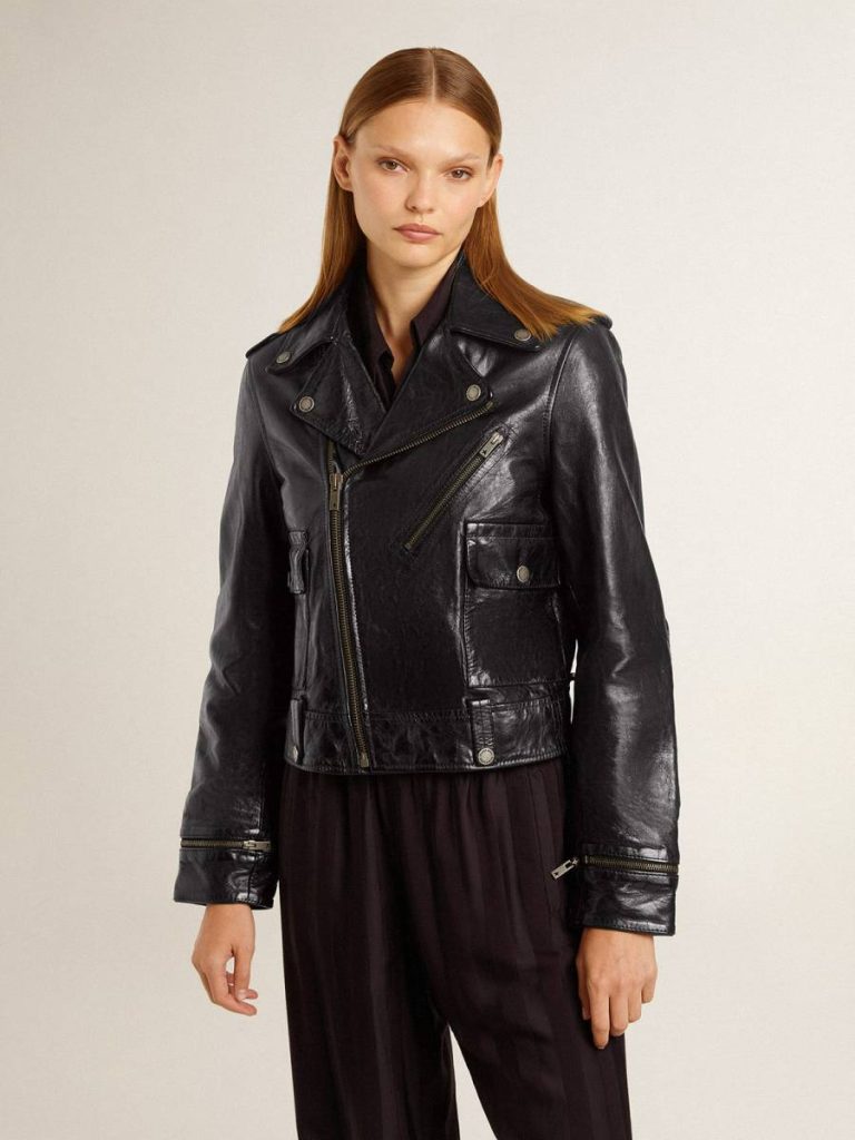 Black Golden Goose Women’s Black Leather Biker Jacket With Glossy Effect Women Coats & Jackets - 3