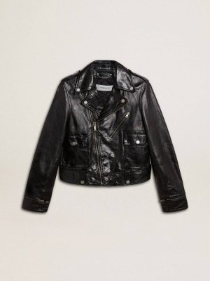 Black Golden Goose Women’s Black Leather Biker Jacket With Glossy Effect Women Coats & Jackets - 1