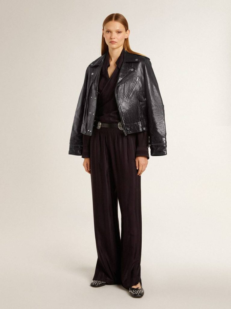 Black Golden Goose Women’s Black Leather Biker Jacket With Glossy Effect Women Coats & Jackets - 4