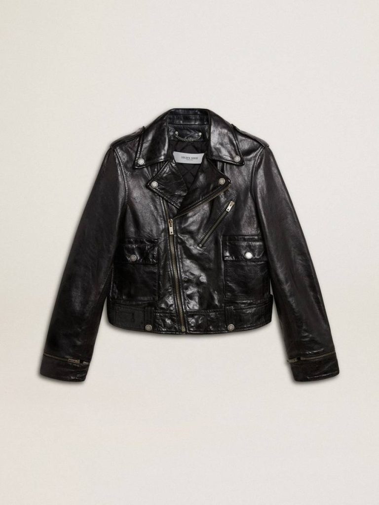 Black Golden Goose Women’s Black Leather Biker Jacket With Glossy Effect Women Coats & Jackets - 1
