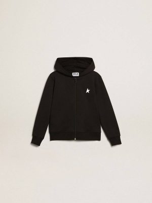 Black Kids Golden Goose Topwear Selection (4-12 Years) Black Hooded Sweatshirt With Contrasting White Star And Logo - 1