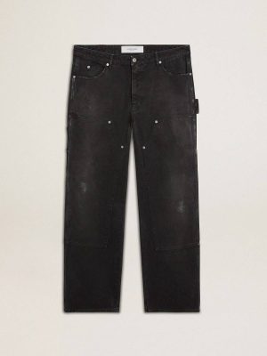 Black Men's Distressed Black Cotton Jeans With Front Patches Men Golden Goose Jeans & Pants - 1
