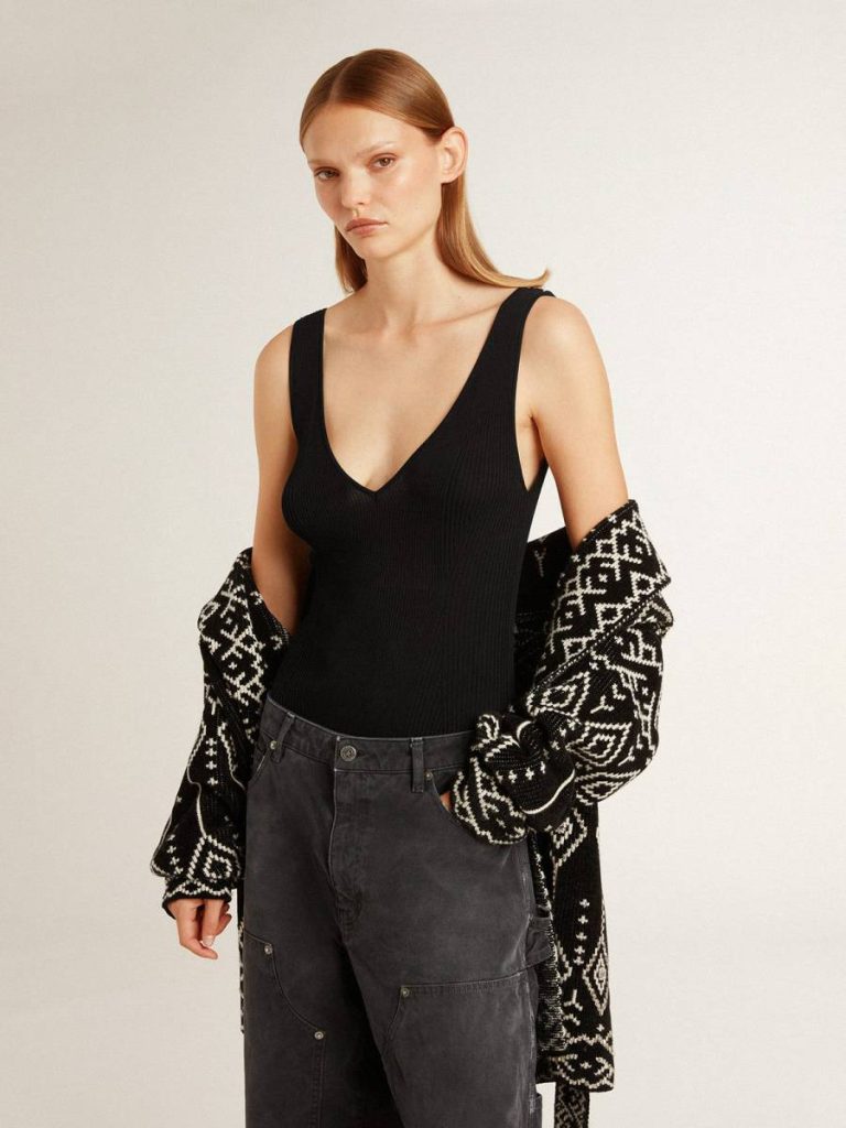 Black Women Women's Black V-Neck Bodysuit Golden Goose T-Shirts & Tops - 2