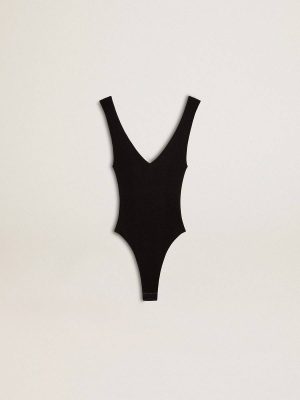 Black Women Women's Black V-Neck Bodysuit Golden Goose T-Shirts & Tops - 1