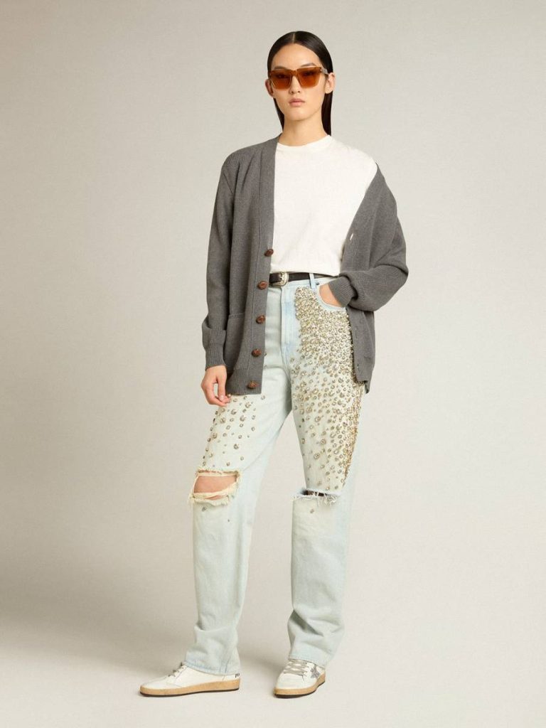 Bleached Blue Golden Goose Women Women's Bleached Jeans With Cabochon Crystals Jeans & Pants - 3