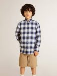 Blue And White Boys' Blue And White Checked Shirt With Print On The Back Golden Goose Kids Topwear Selection (4-12 Years) - 2