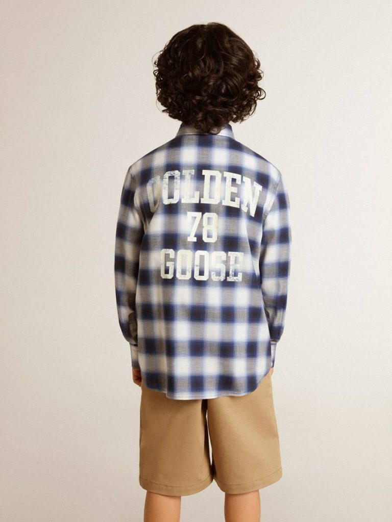 Blue And White Boys' Blue And White Checked Shirt With Print On The Back Golden Goose Kids Topwear Selection (4-12 Years) - 4