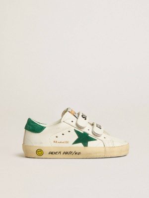 Boys (4-10 Years) White Golden Goose Old School Young With Green Suede Star And Heel Tab Kids - 1