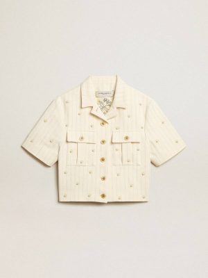 Coats & Jackets Aged White Golden Goose Women Aged White Jacket In Pinstripe Cotton With All-Over Floral Embroidery - 1