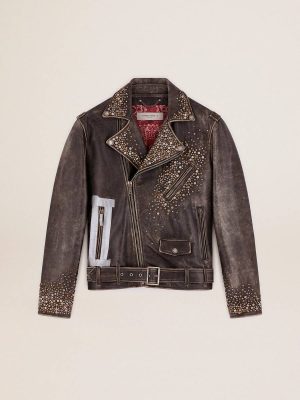 Coats & Jackets Black Men Golden Goose Men's Leather Biker Jacket With Hammered Studs And Adhesive Tape - 1