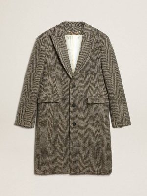 Coats & Jackets Golden Goose Men Beige And Anthracite Gray Men's Single-Breasted Wool Coat With Beige And Gray Herringbone Weave - 1