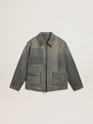 Coats & Jackets Golden Goose Men Gray Denim Men’s Denim Jacket With Stripes And Patches On The Front - 1