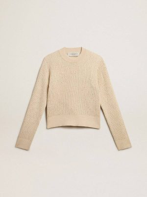 Cropped Round-Neck Sweater In Beige Wool With All-Over Crystals Knitwear Women Golden Goose Beige - 1